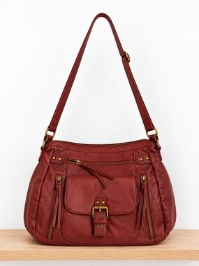 Women's Burgundy Shoulder Bag with Front Buckle Pocket